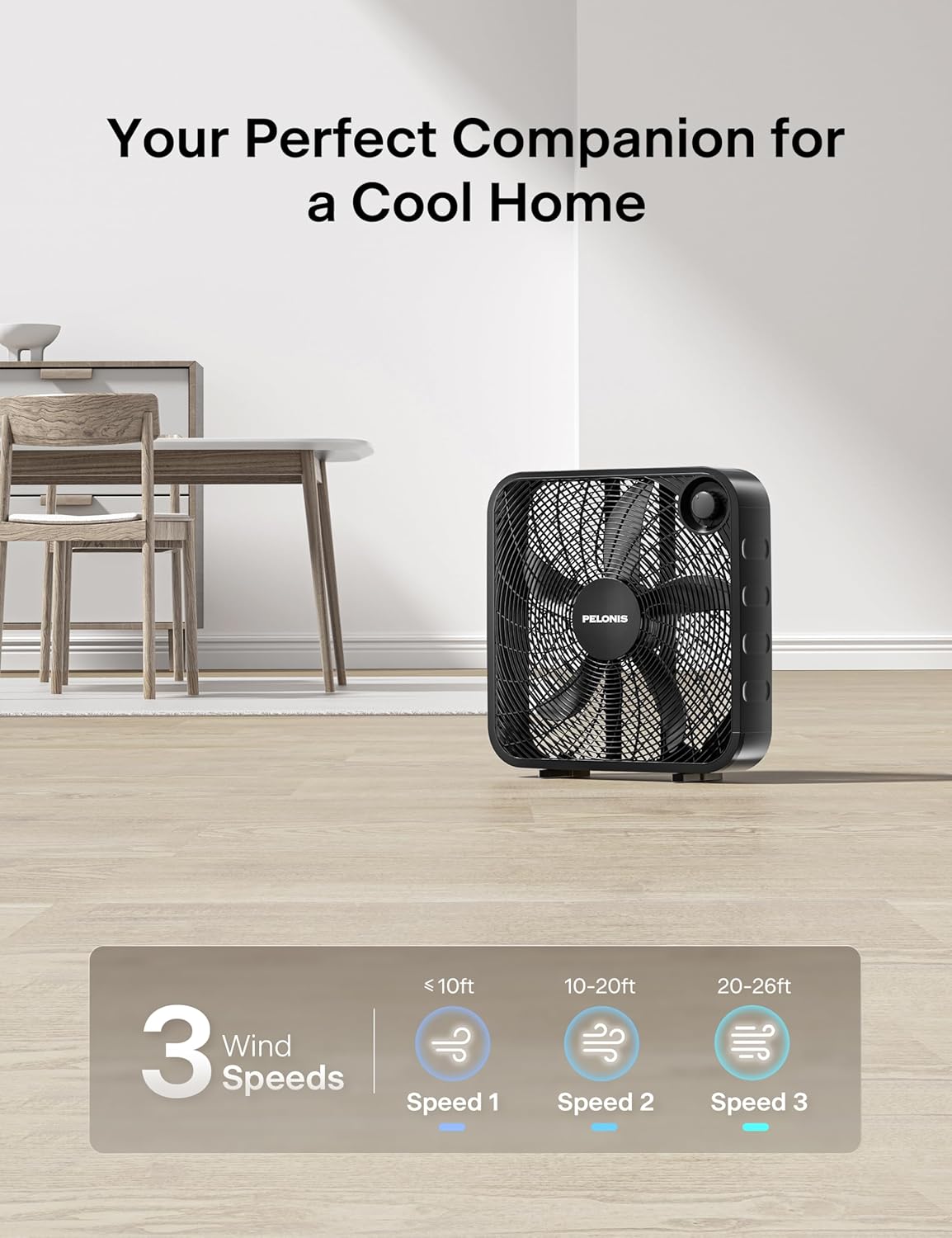 Detalle de PELONIS 20 Inch Box Fan (3 Speeds) — Window Fan, Floor or Tabletop Cooling with Up to 2,295 CFM