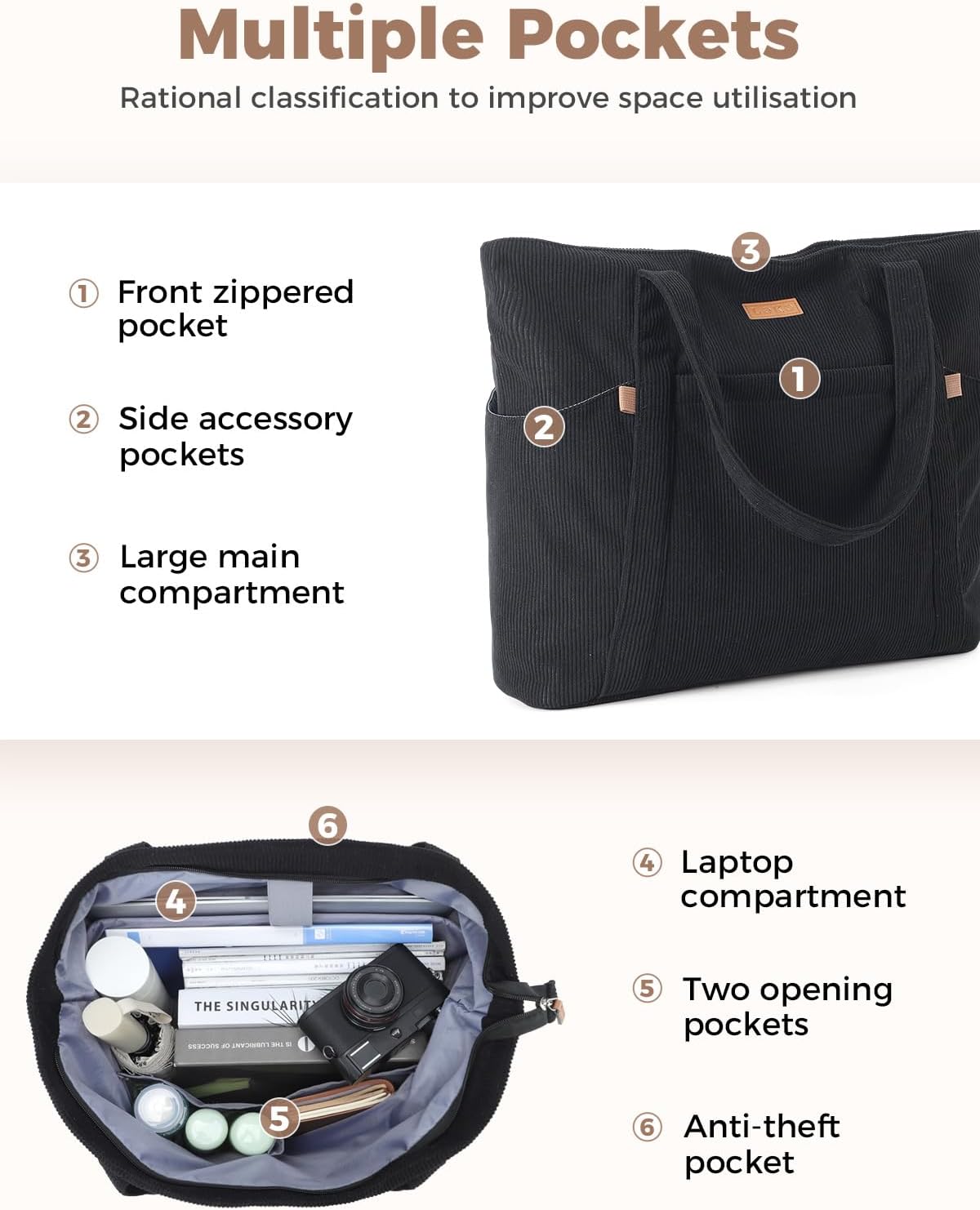 Detalle de Lekespring Cord Tasche Damen – Große Tote Bag mit Reißverschluss, 18 L