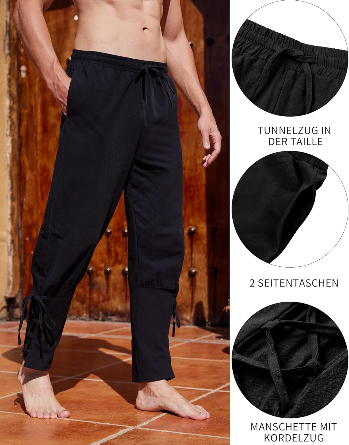 Thumbnail 4 de YAOBAOLE Leinenhose Herren – Mittelalter Wikinger Renaissance Piratenhose lang, locker mit elastischem Bund und verstellbarer Kordel