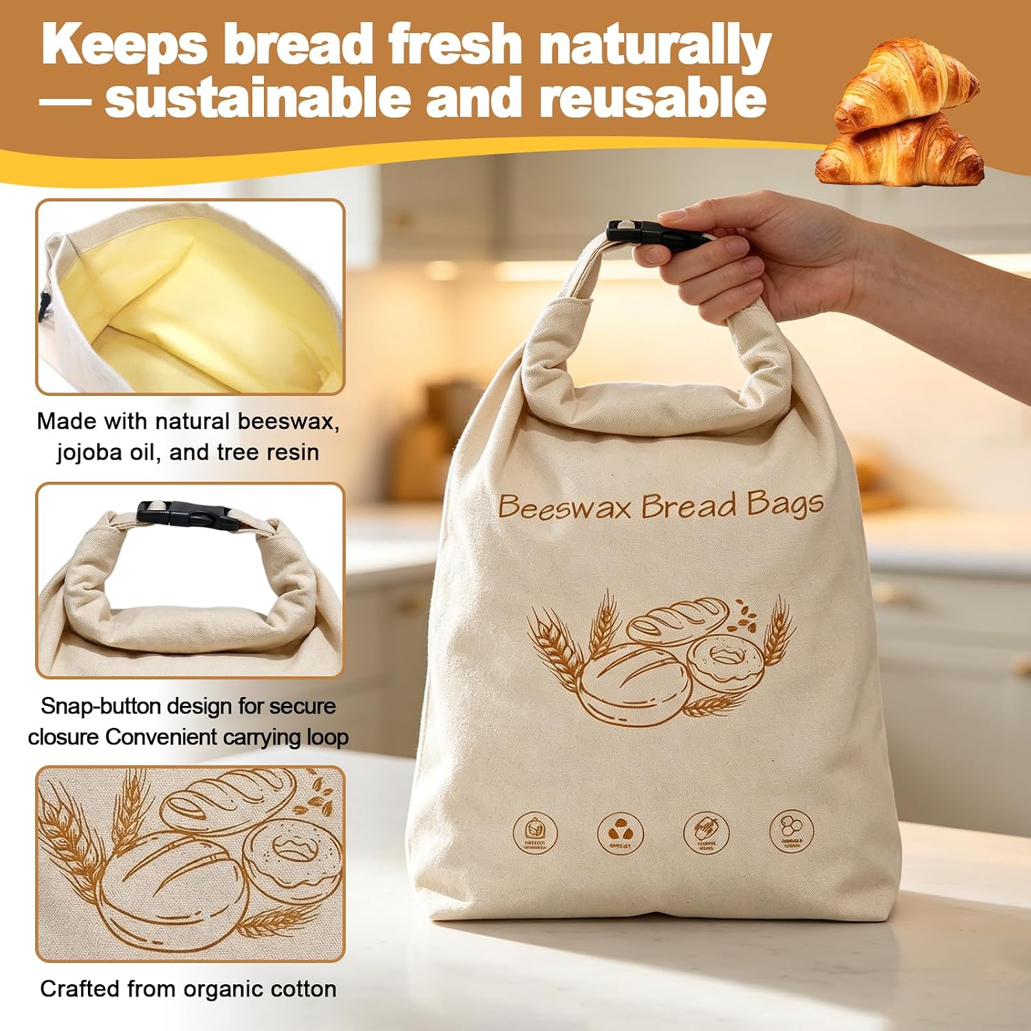 Thumbnail 3 de Beeswax Bread Bag for Homemade Loaves (17x13 in) – Linen, Reusable & Freezer Safe