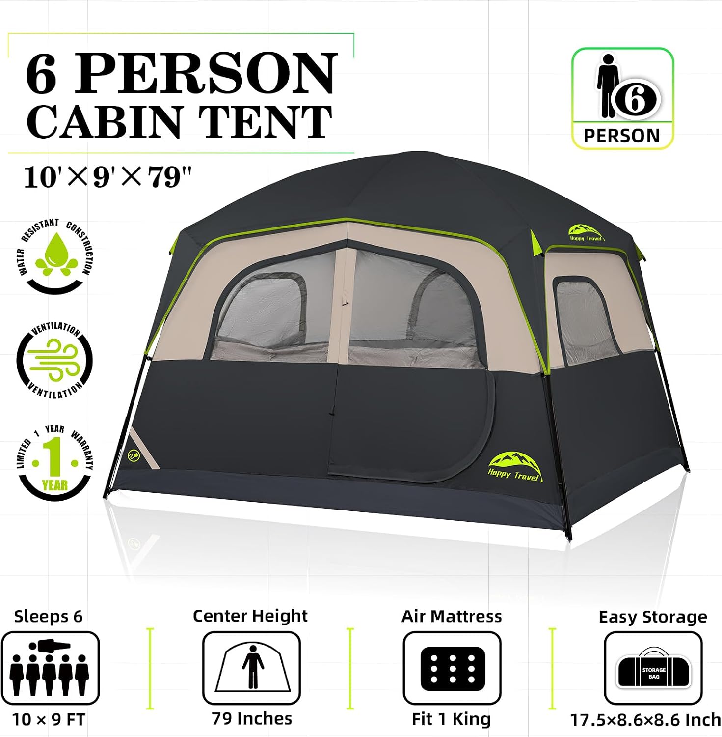 Detalle de Happy Travel Tent 6 Person: Spacious, Weather-Ready Family Cabin Shelter