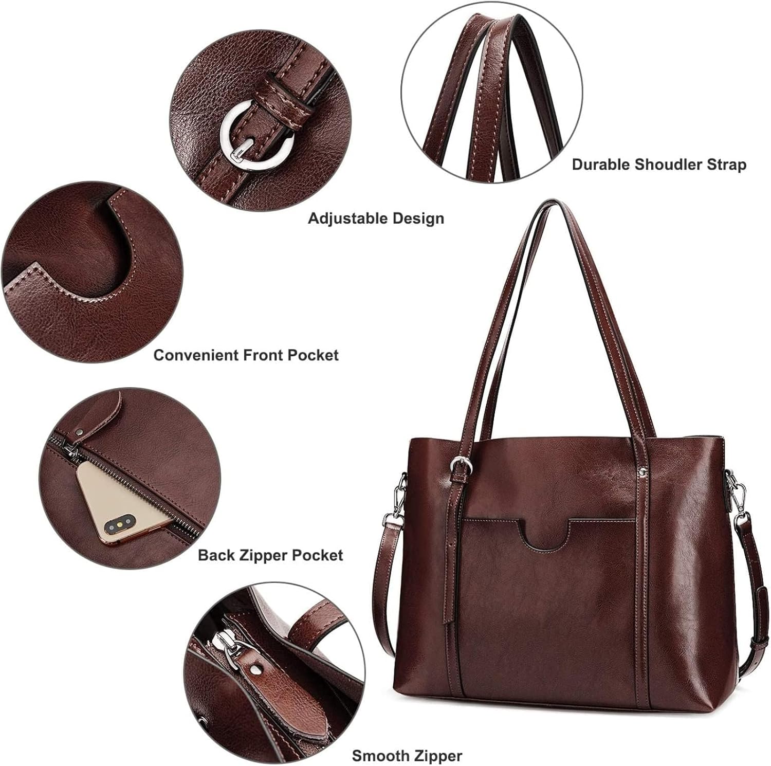 Detalle 2 de S-ZONE Sac à bandoulière en cuir véritable avec poignée supérieure – Grand format pour femme
