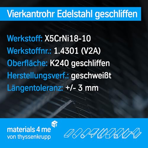 Detalle 2 de thyssenkrupp Edelstahl-Vierkantrohr 40 × 40 × 2 mm, 2.450 mm, V2A