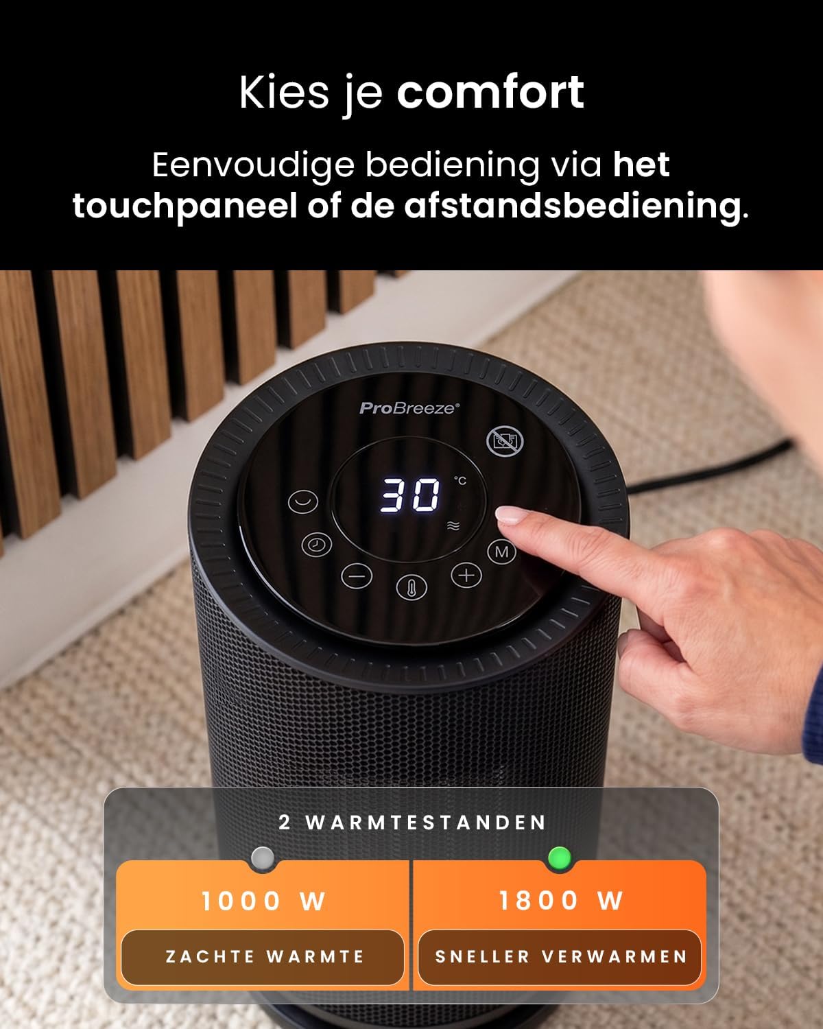Detalle 2 de Pro Breeze PB-H-26B-EU keramische kachel 1800 W met 75° oscillatie