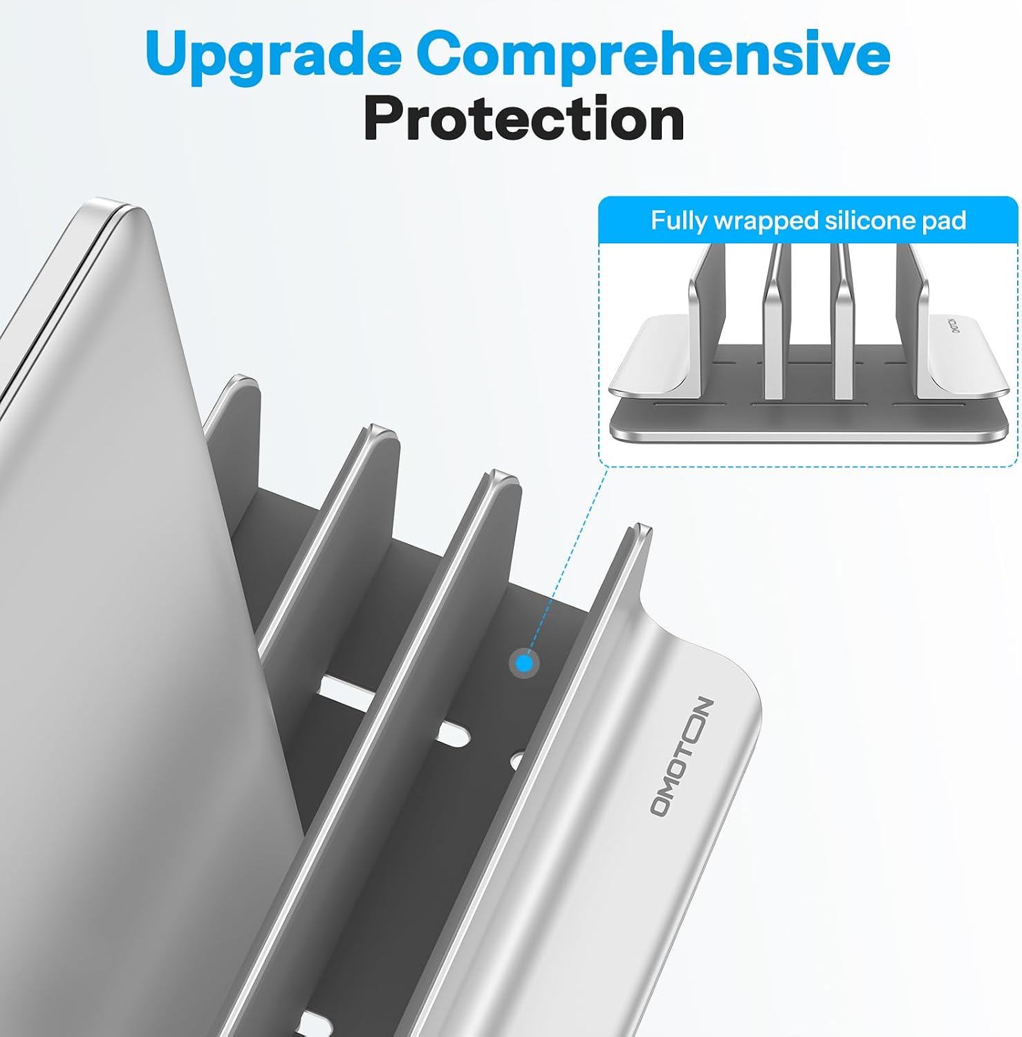 Detalle de OMOTON VL03-Silver 3-Slot Vertical Laptop Stand, Adjustable Aluminum, Bright Silver