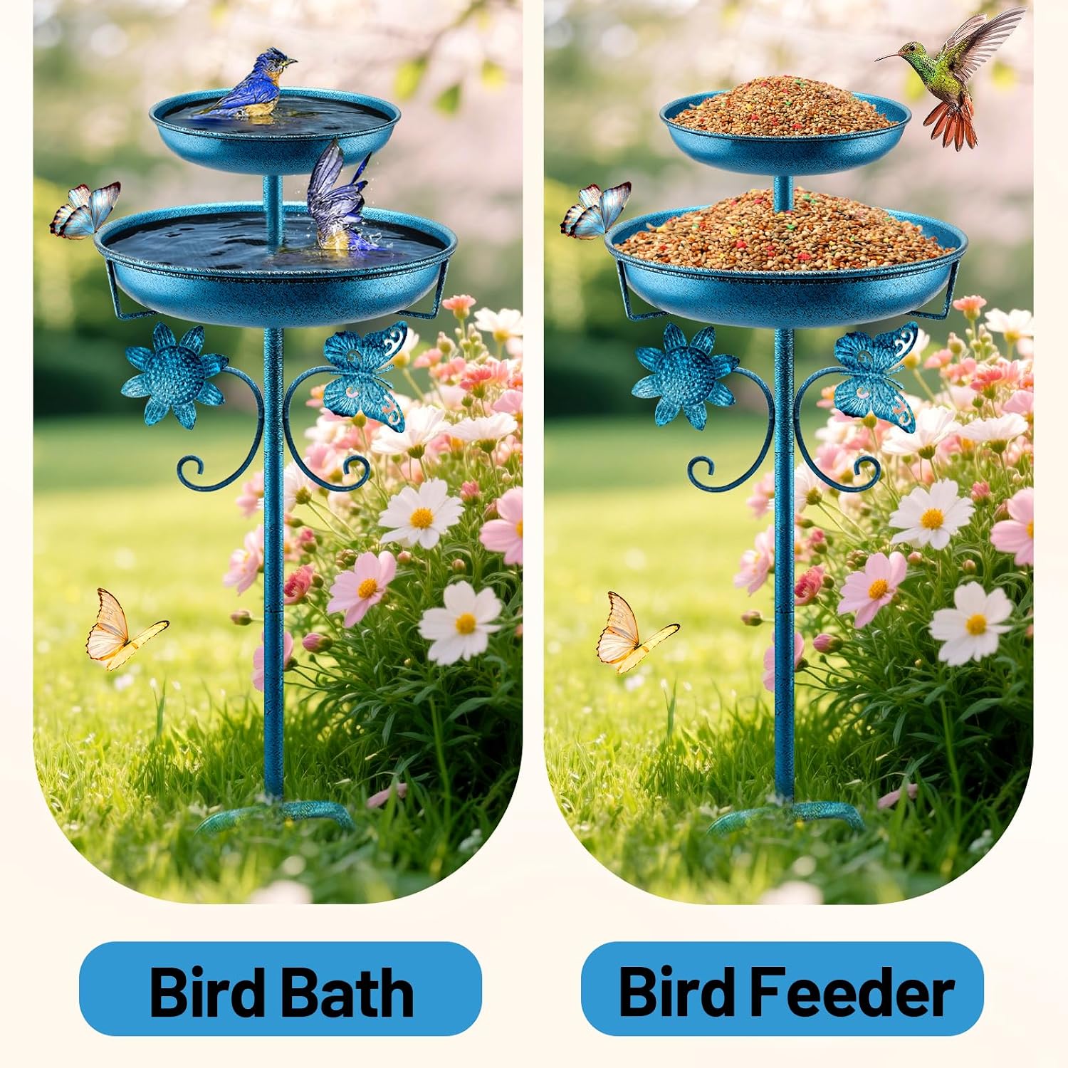 Thumbnail 3 de Yepper 42in Double Vintage Metal Bird Bath with Feeder Bowl, Freestanding Outdoor Garden Patio Yard Decor (Blue)