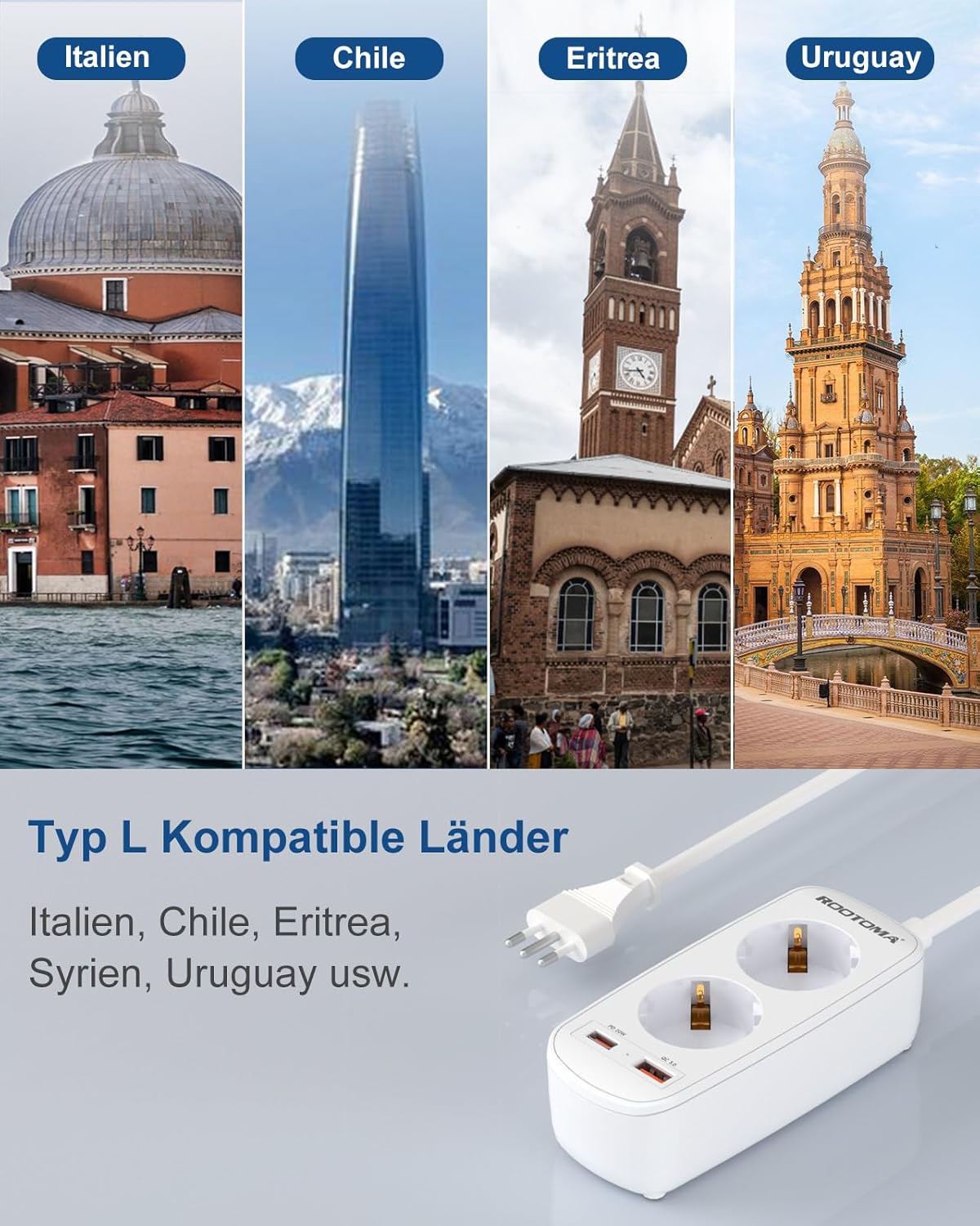 Thumbnail 4 de Adapter Italien Steckdose mit PD20W USB Schnellladegerät – 2-fach, USB-C PD 3.0 & USB-A QC 3.0, 1,5 m Kabel, Typ L
