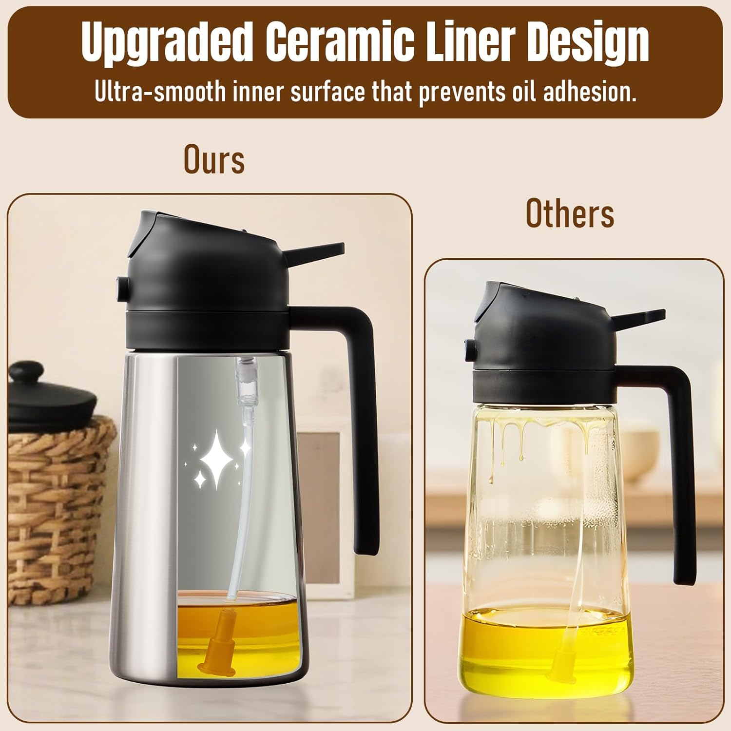 Detalle de PARACITY 2-in-1 Oil Dispenser Bottle: Stainless Steel Shell, Ceramic Interior, Olive Oil Sprayer & Pourer (Black)