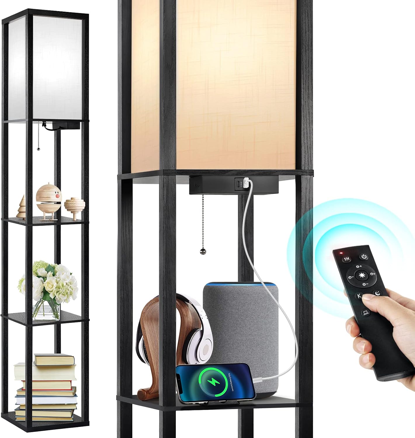 Detalle de OUTON FL03 houten vloerlamp met planken, afstandsbediening en dimbare led