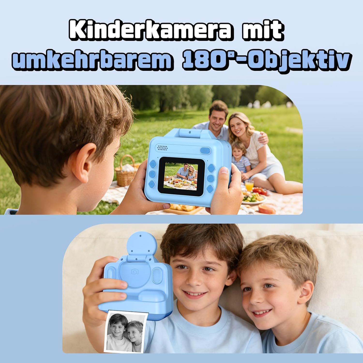 Thumbnail 3 de WOWAWOLA Sofortbildkamera Kinder mit 180° Klappobjektiv – 1080P, 32GB, Druckpapier & Mehr
