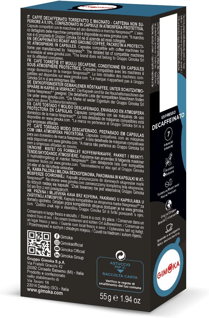 Detalle de Gimoka Compatibile Per Nespresso Decaffeinato (100 Capsule) – Alluminio salva aroma, Intensità 7