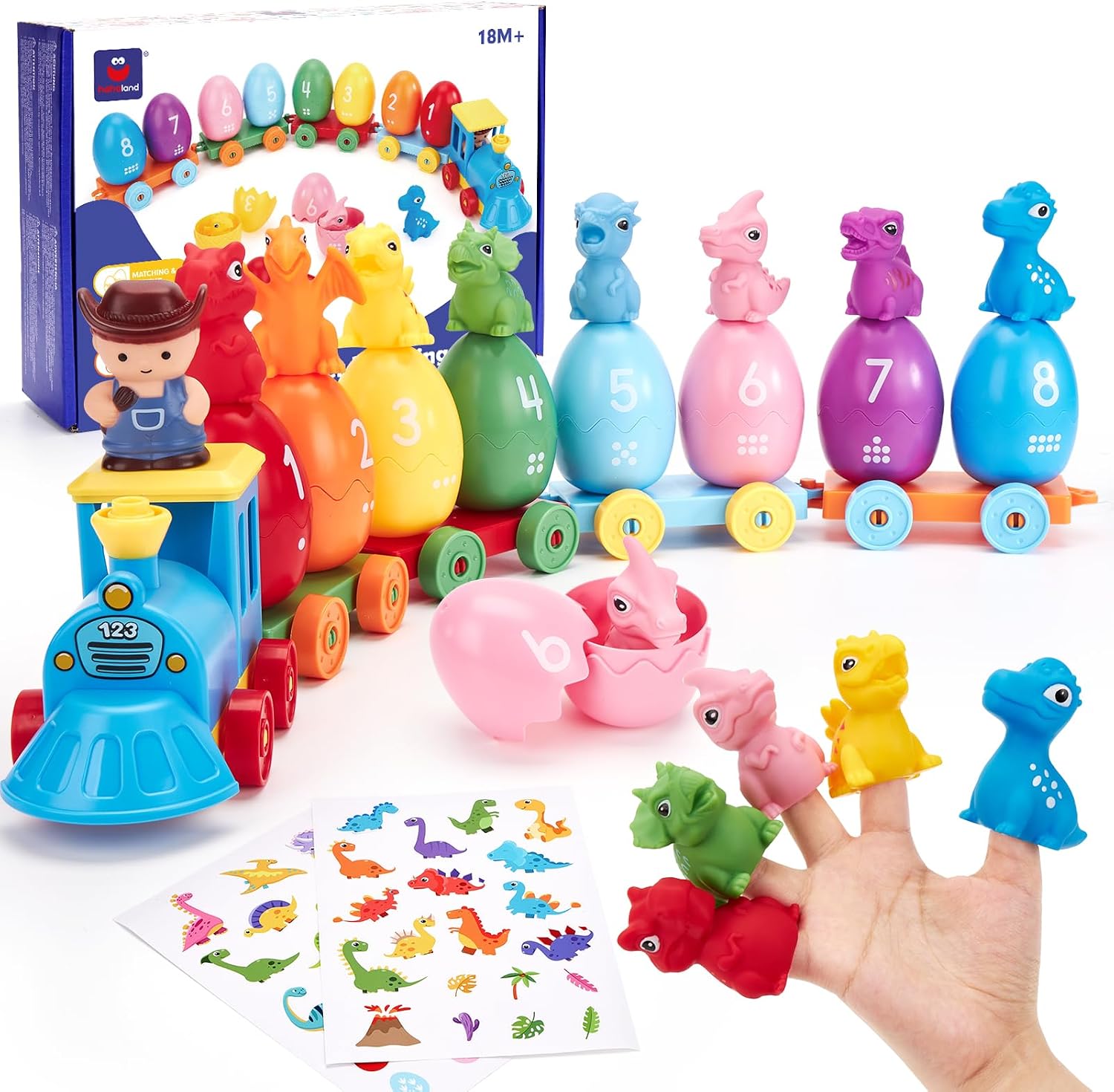 Detalle de Hahaland Dinosaurier Montessori Spielzeug 2 Jahre – Zug, Eier, Fingerpuppen & Sticker