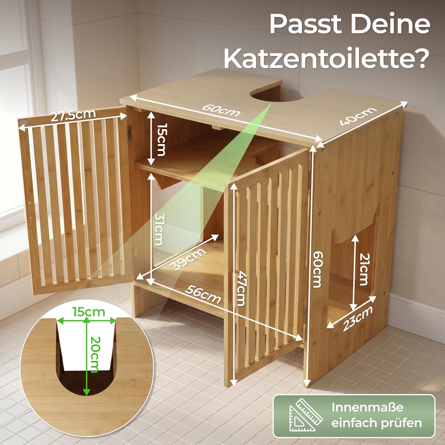 Thumbnail 6 de WOOWOOD Katzenklo Waschbeckenunterschrank aus Bambus – 60×44×60 cm
