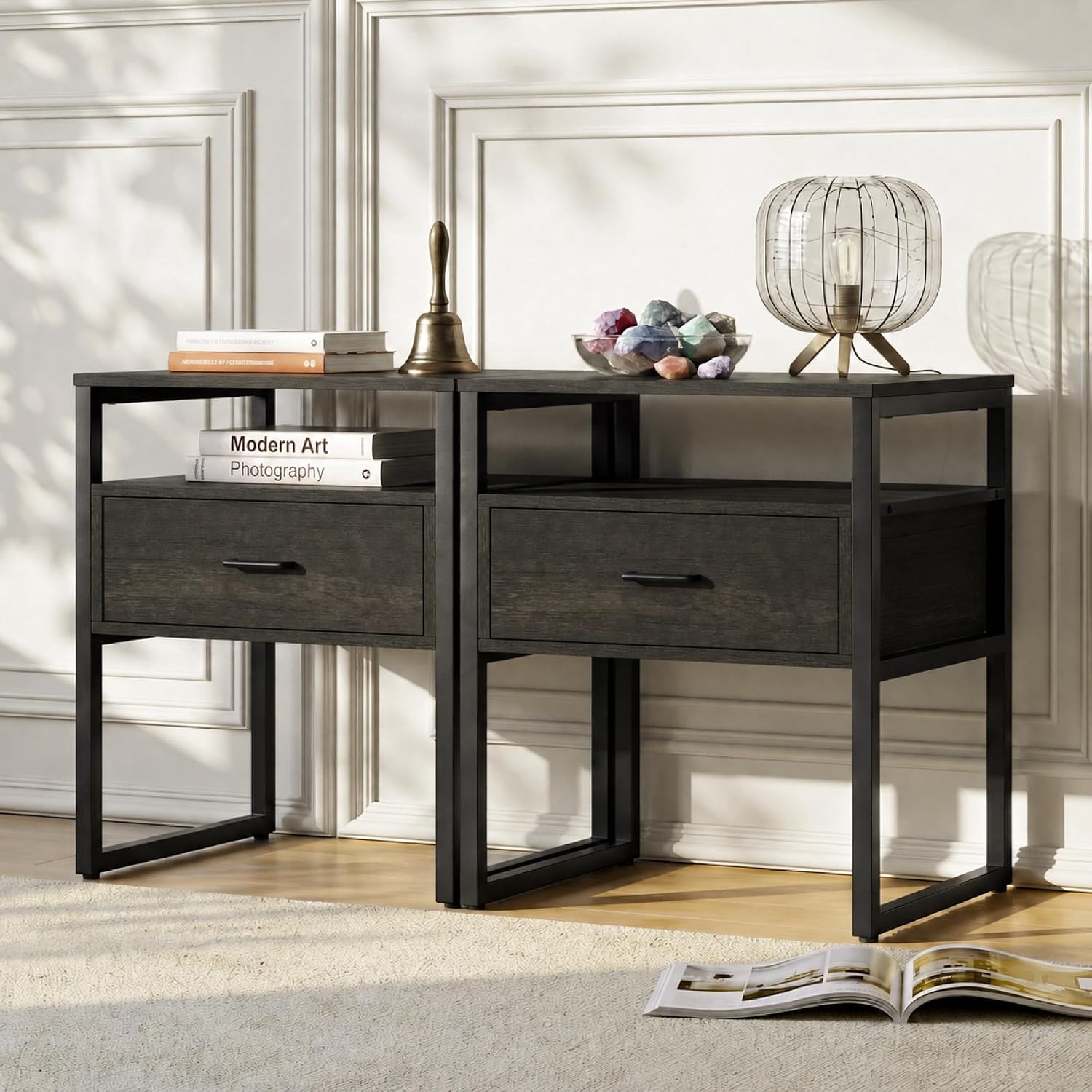 Detalle de KISLOT K-KJW.TNS003 Nightstand Set of 2 with Drawer, Open Shelf, Gray