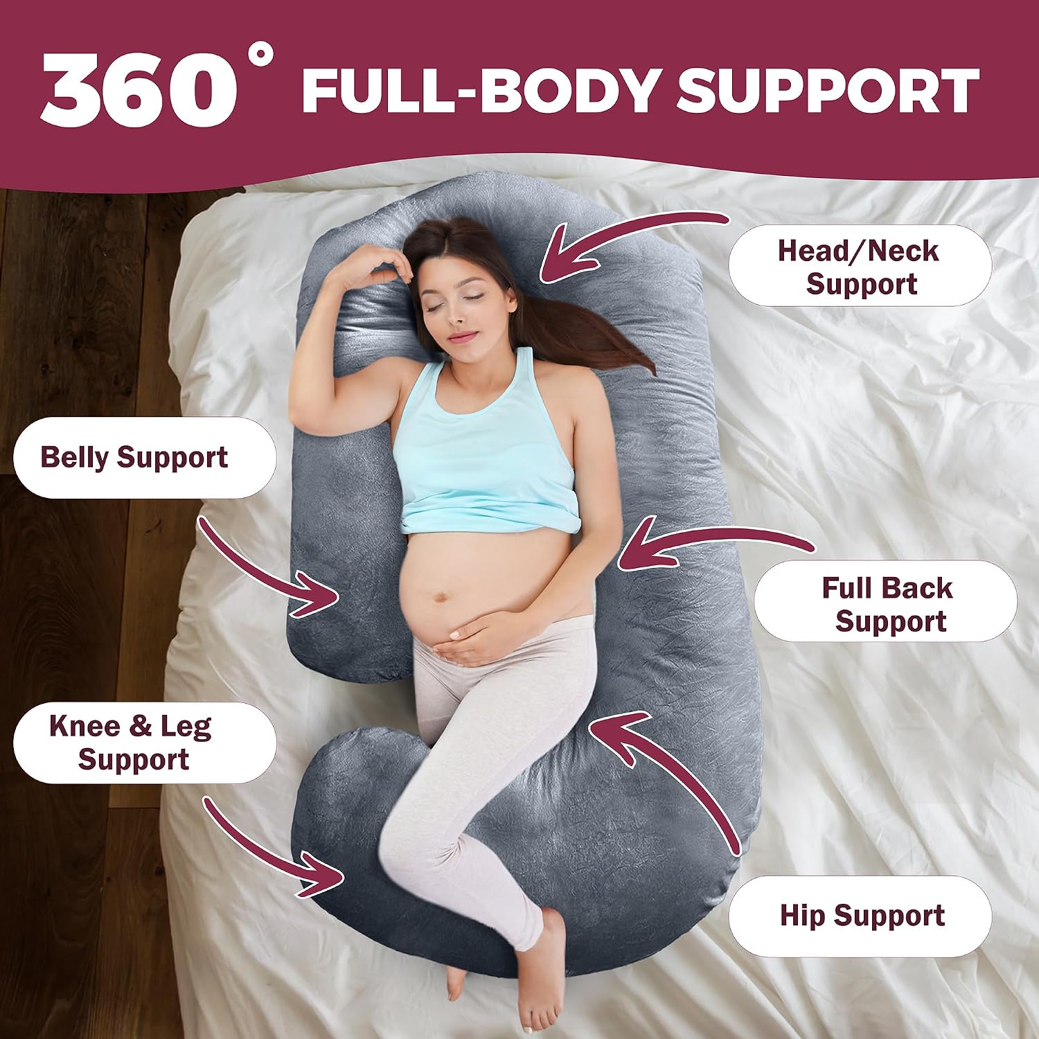 Detalle de PILLANI 57-Inch U+V+C Shaped Pregnancy Pillow with Removable Washable Cover