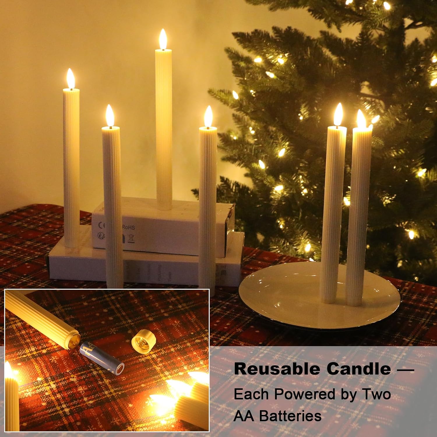 Detalle de Dixmas 12 Stück LED Stabkerzen mit Fernbedienung – Flammenlose Tafelkerzen mit Timerfunktion, Warmweiß