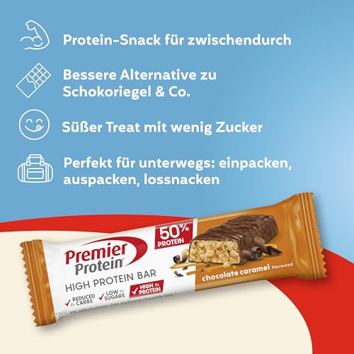 Detalle de Premier Protein High Protein Bar 50% – Chocolate Caramel, 16x40 g, palmölfrei