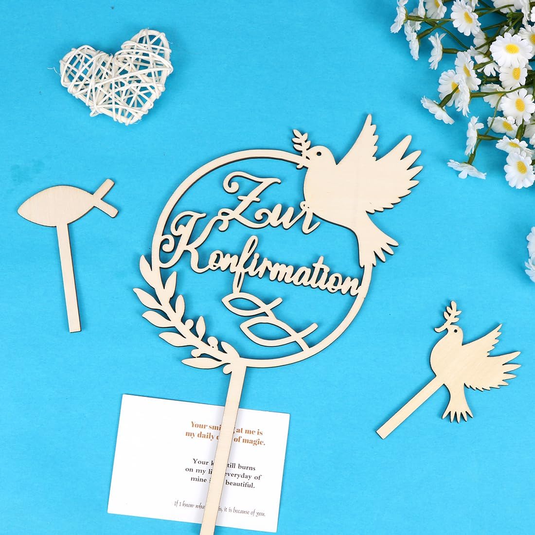 Detalle de Tortendeko Konfirmation Holz – Cake Topper aus Naturholz mit Tauben, Fischen und Girlanden