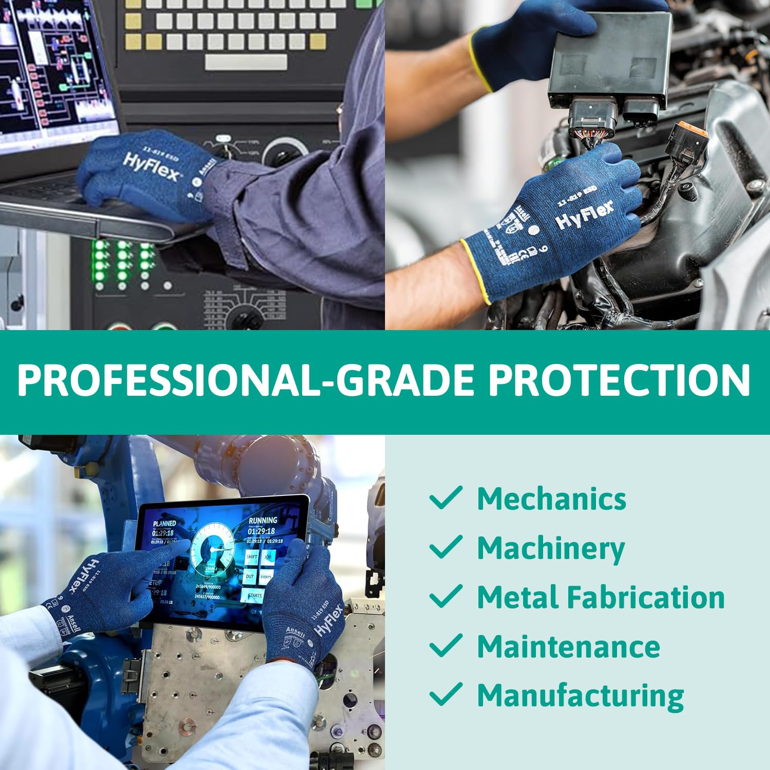 Detalle de Ansell HyFlex 11-618 Mechanics Gloves (L, 12 Pairs) – Abrasion-Resistant PU Coated, Touchscreen Compatible