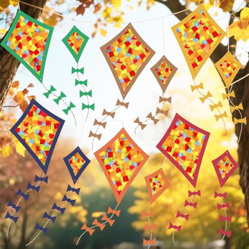 Detalle de Herbstbasteln für Kinder – HILKKET Herbst Fensterbilder Bastelset mit 12 Papierdrachen (6 groß, 6 klein) + Tonkarton & Transparentpapier