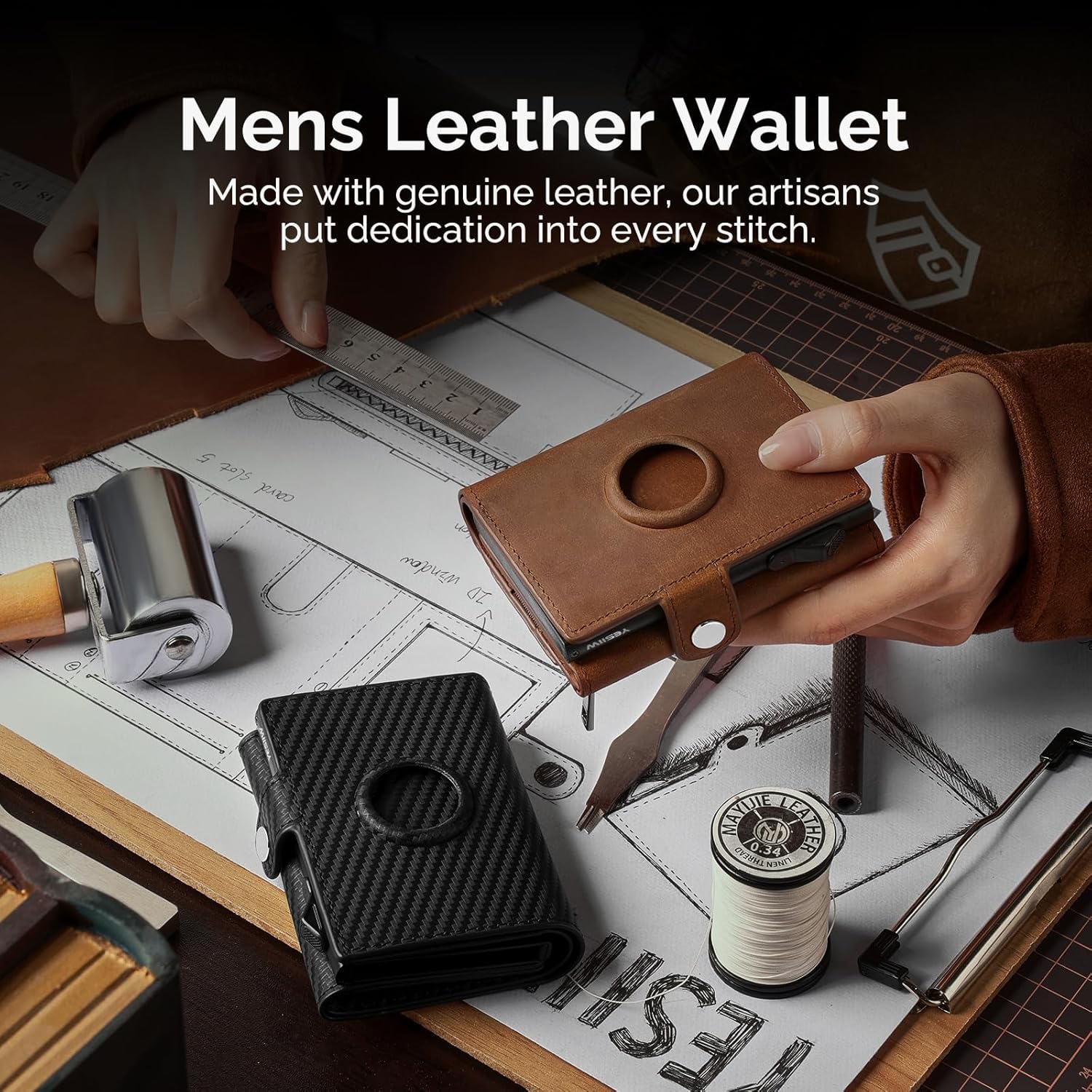 Thumbnail 1 de YESIIW Airtag Slim Leather Wallet for Men with RFID, Coin Pocket & AirTag Holder