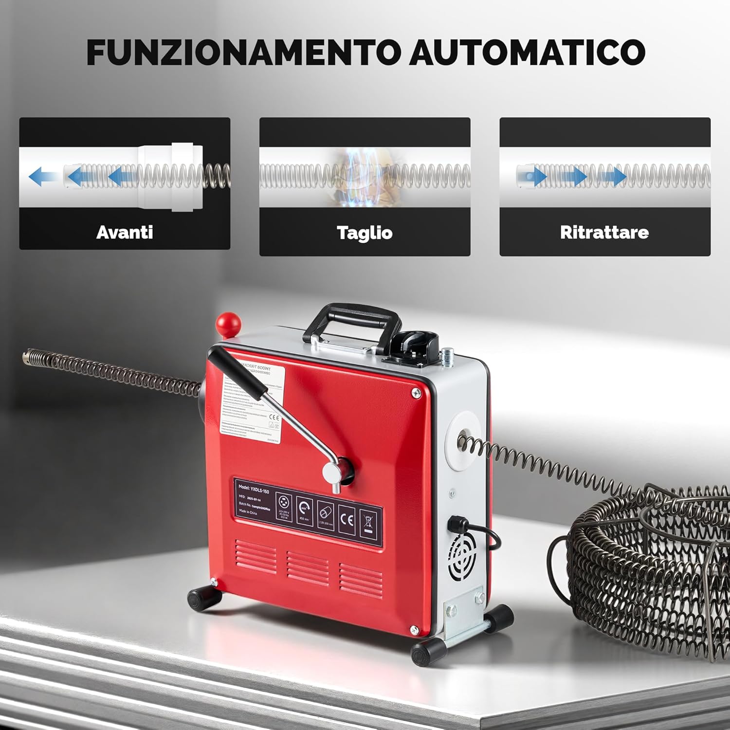 Detalle de ZELCAN 850W macchina sturatubi elettrica con coclea 20–200 mm, molla fino a 27 m e 12 testine