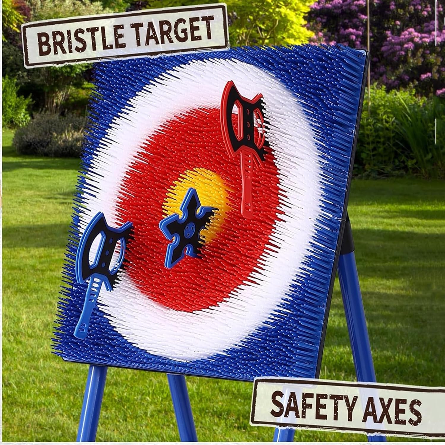 Detalle de Stiatu Axe Throwing Bristle Target Set with 8 Foam Axes — Backyard, Indoor & Outdoor Axe Throwing Game
