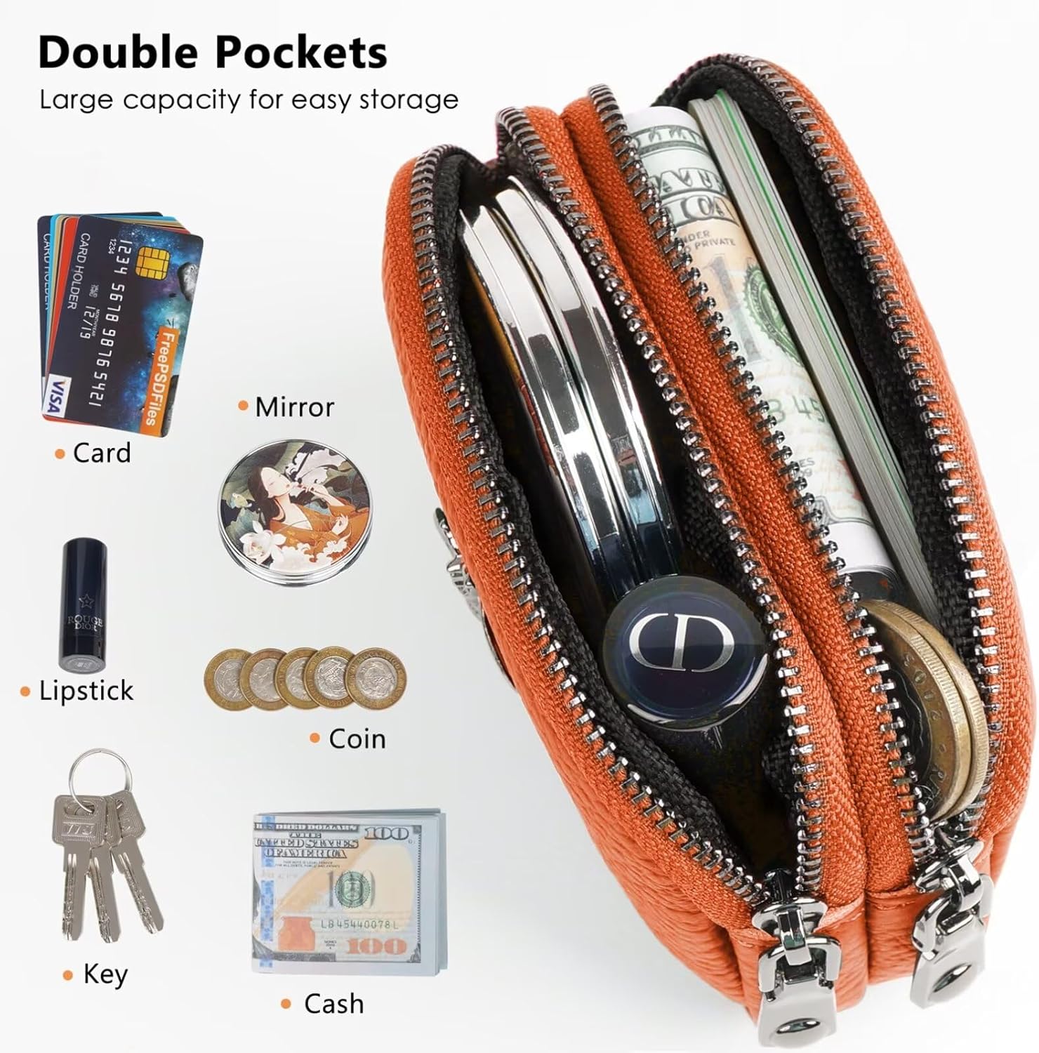 Thumbnail 2 de MAVHVAM Ladies Genuine Leather Small Purse: Compact Orange Double‑Zip Coin Wallet