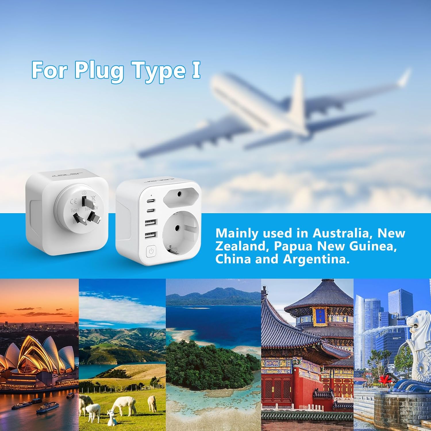 Detalle de JSVER adaptateur voyage Australie/Chine 6 en 1 (Type I) avec 2 USB-A et 2 USB-C 17W