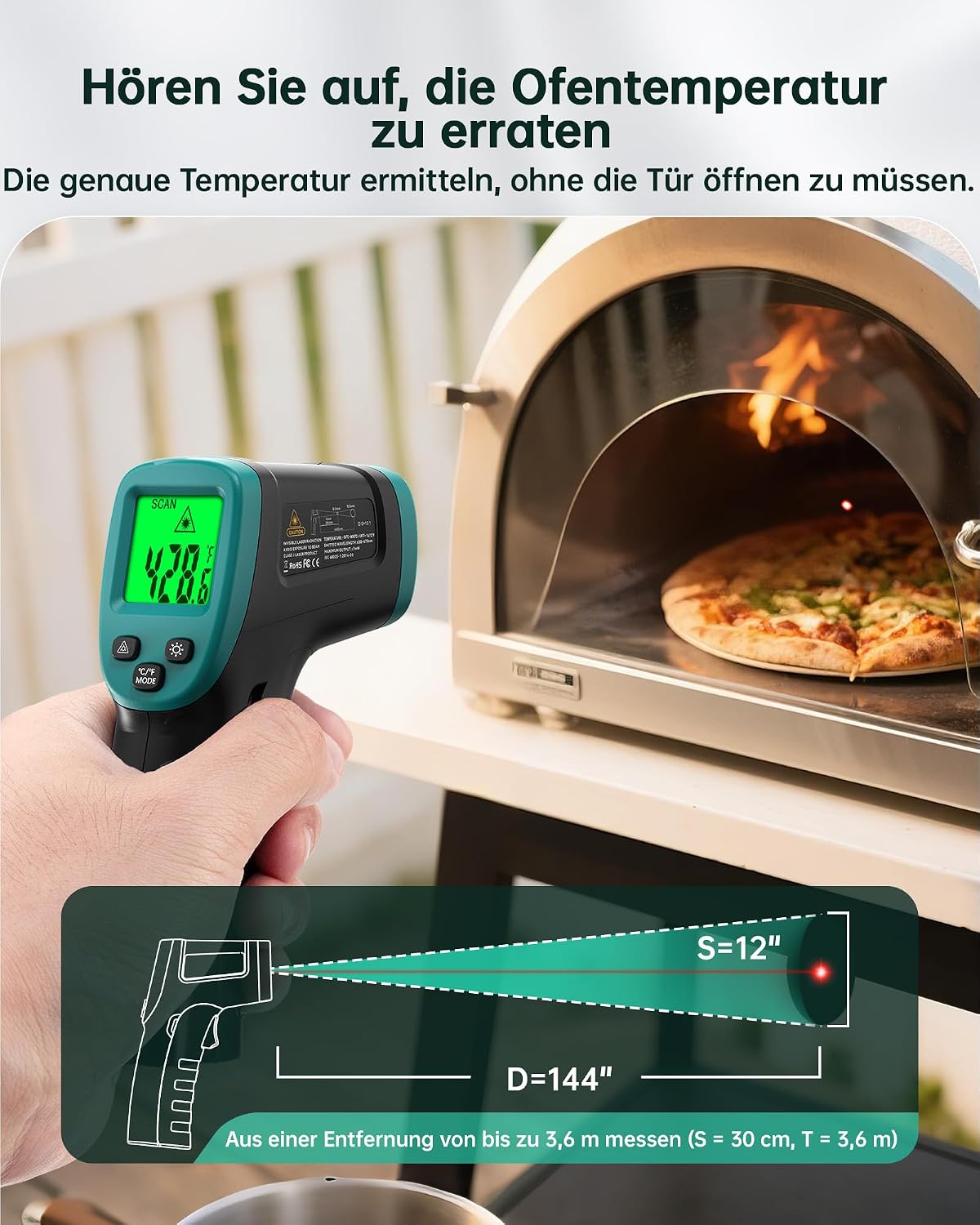 Detalle de ERICKHILL Infrarot-Thermometer (Laser, -50 bis 600 °C) mit einstellbarem Emissionsgrad