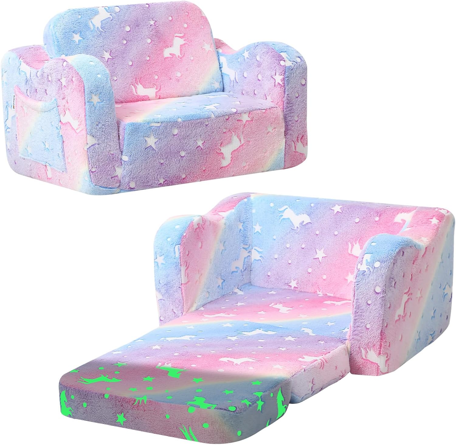 MeMoreCool Glowing Rainbow Unicorn Kids Chair (Convertible 2-in-1 Fold-Out Kids Couch)