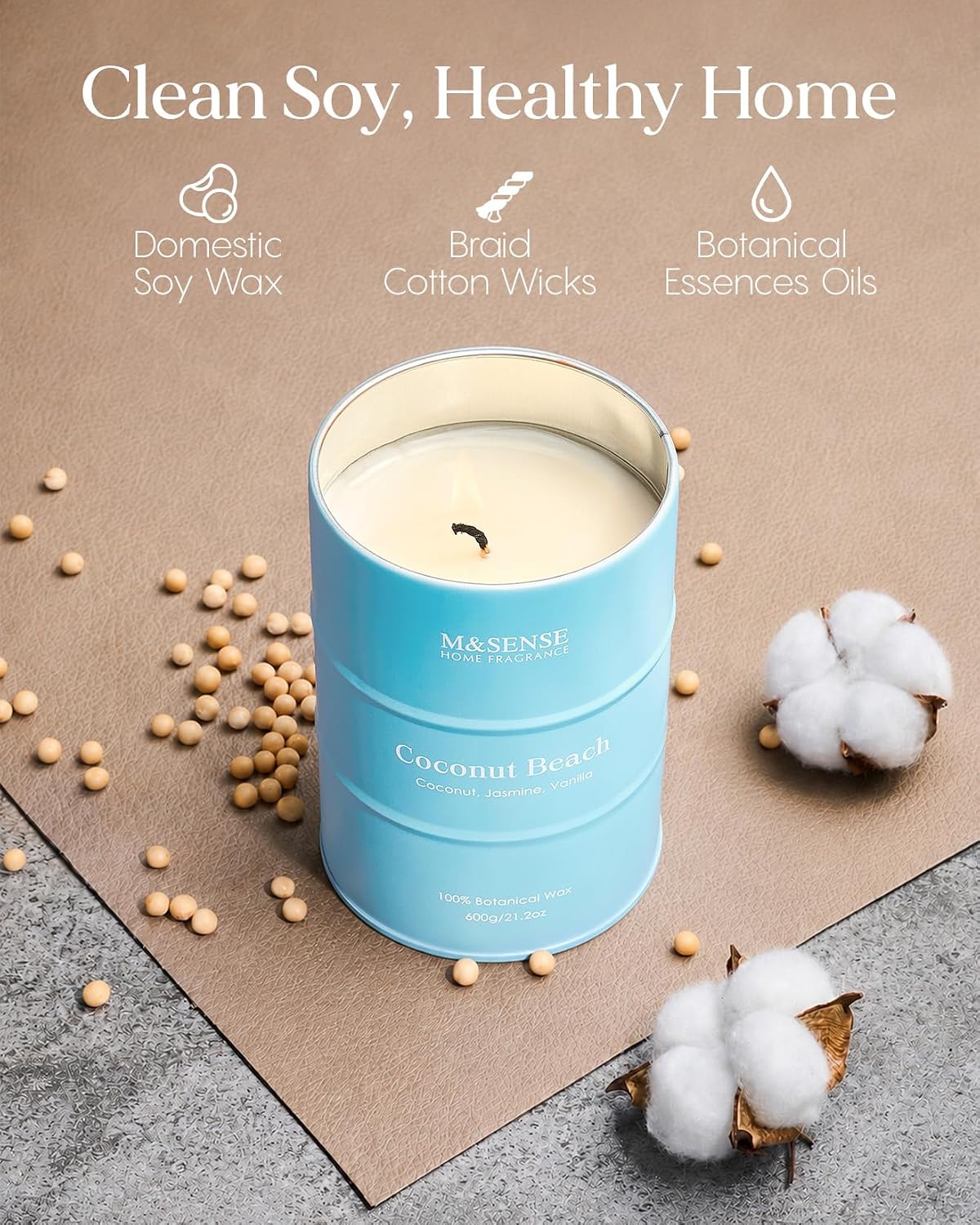 Detalle de M&SENSE Coconut Beach Scented Candle, 21.2 oz Soy Blend Wax