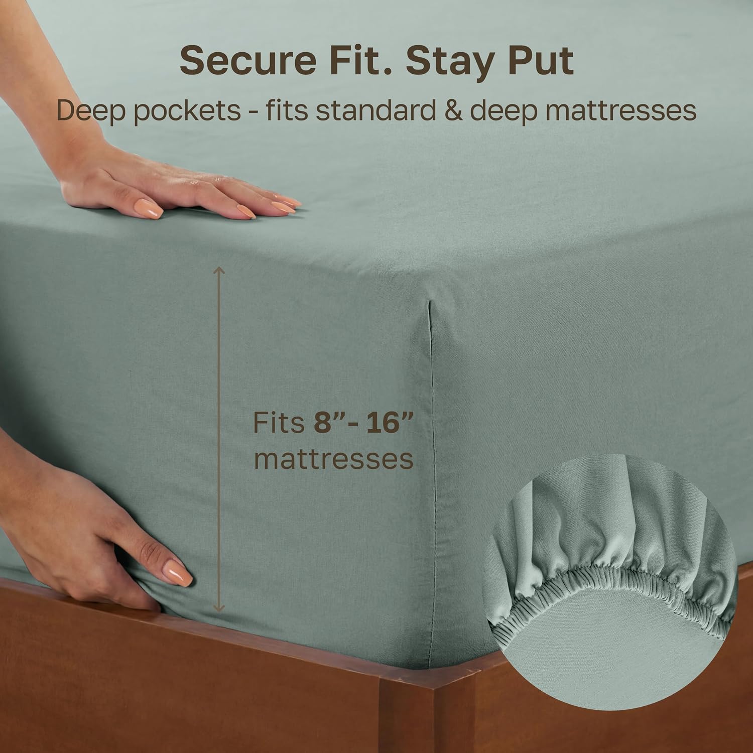 Detalle 2 de California Design Den Queen Fitted Sheet, 400 Thread Count Cotton Sateen, 16-Inch Deep Pocket, Green Sage