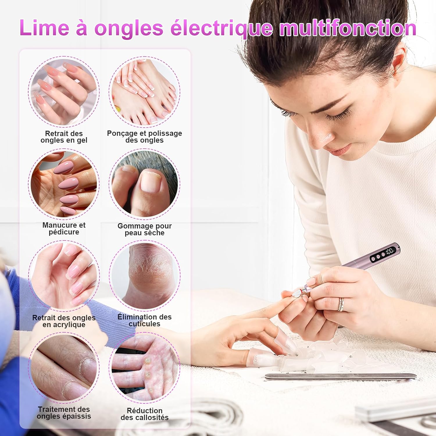 Detalle 2 de POFIBO Ponceuse pour Ongles Professionnel – Lime à Ongle Électrique 12 en 1, 35000 RPM, LCD, Sans Fil, 5 Vitesses (Rose)