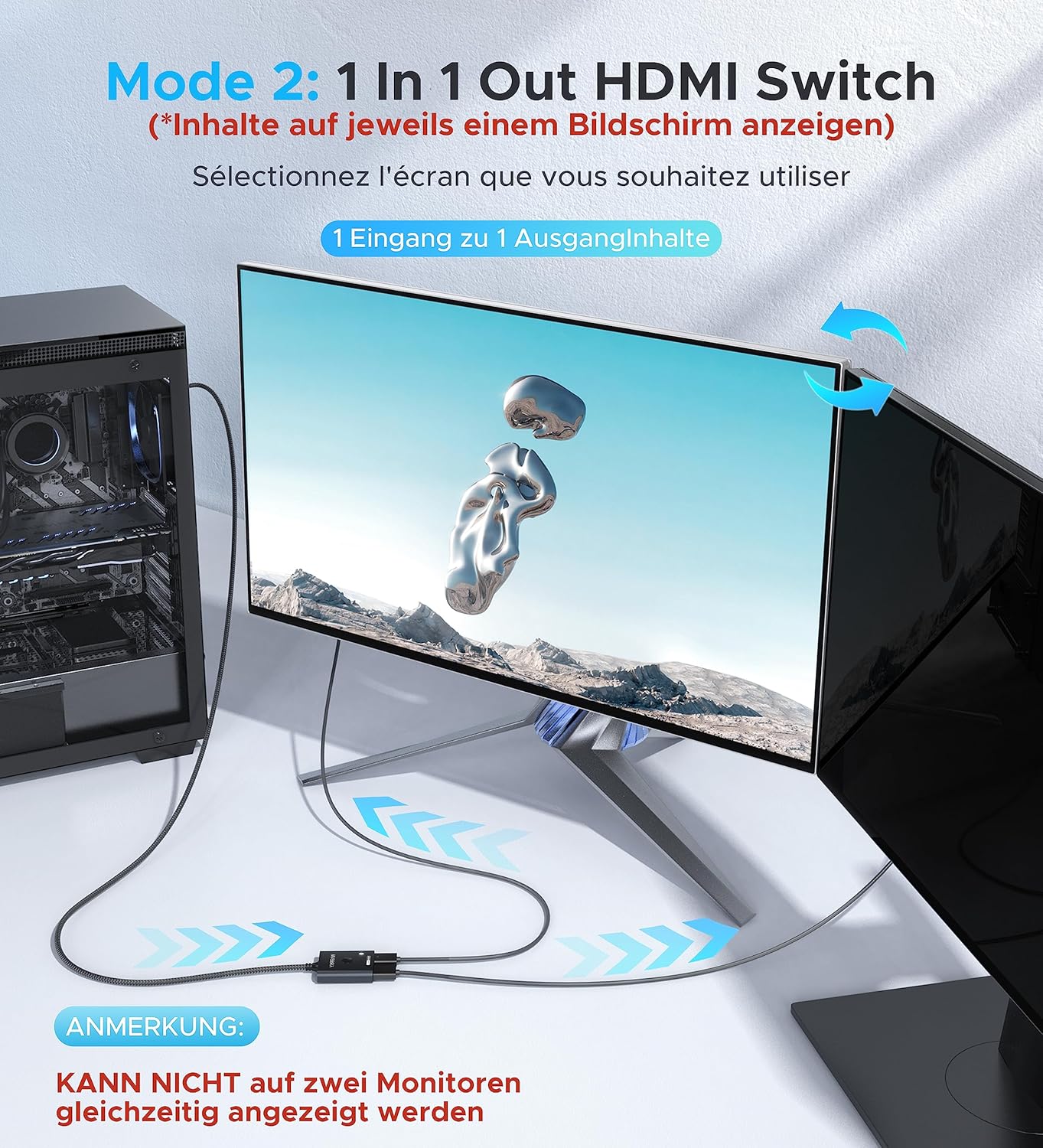 Thumbnail 2 de WARRKY HDMI Switch 4K@60Hz: 2 Eingänge zu 1 Ausgang, Aluminiumgehäuse, HDCP 2.2, 3,3 ft Kabel