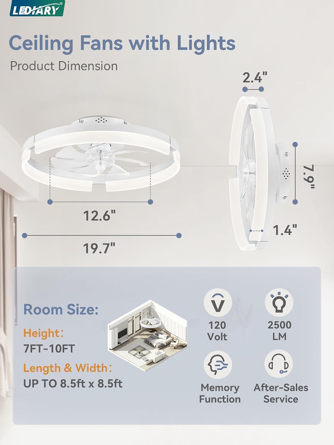 Detalle de LEDIARY ceiling fan with light, 19.7-inch