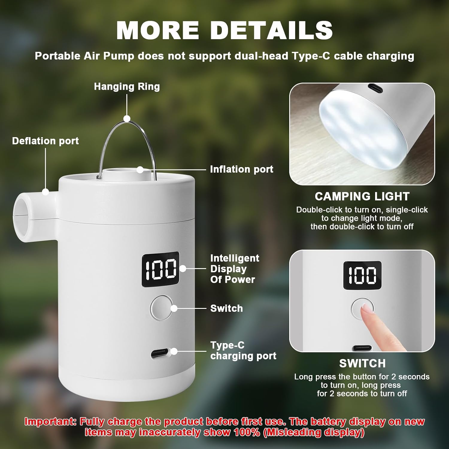 Detalle 2 de Portable Air Pump for Inflatables — Type-C Rechargeable, 5 Nozzles, Ultra-Compact and Quick Inflate/Deflate