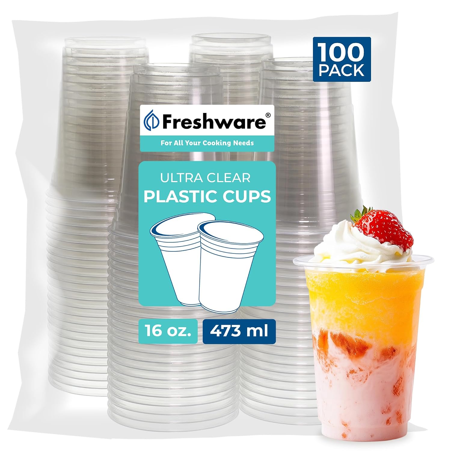 Detalle de Freshware 16 oz Clear Disposable Plastic Cups (PET) — Crystal-Clear Tumblers, 100 Count