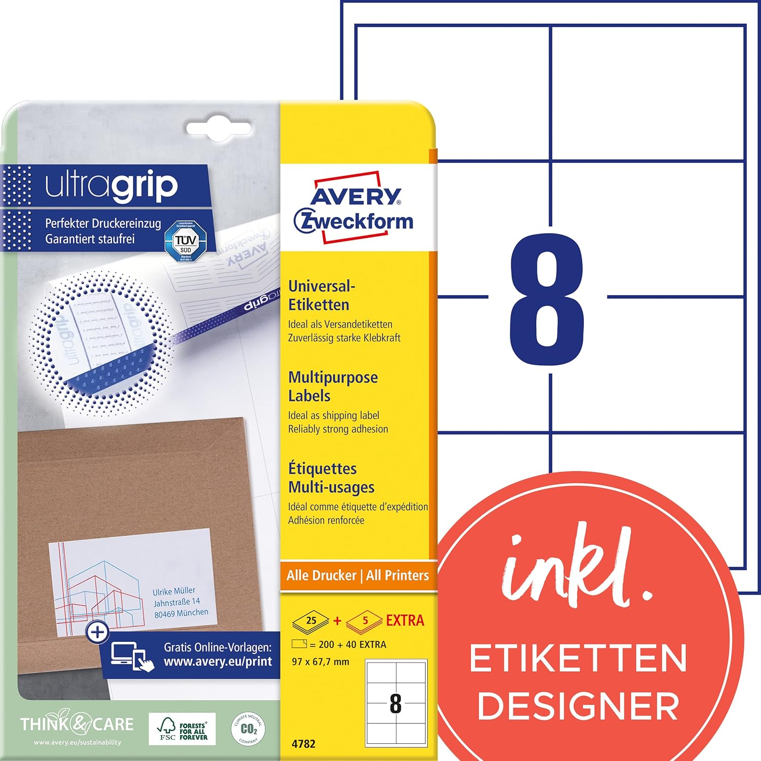 Detalle de AVERY Zweckform 4782-65 Universal Etiketten — 97x67,7 mm, 520 Blatt + 120 Etiketten, UltraGrip Rückseite