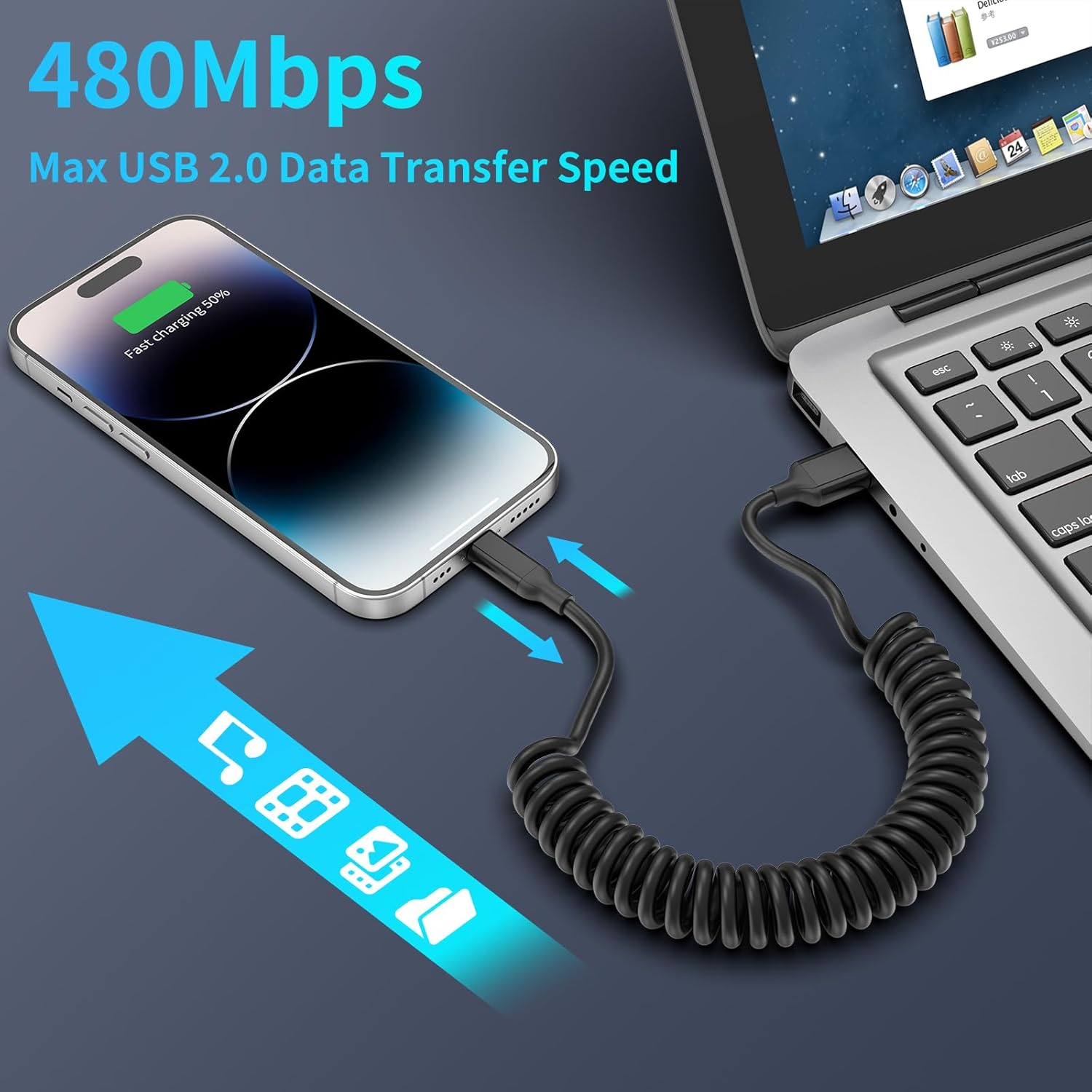 Detalle 2 de Spiralkabel USB Lightning Kabel Kurz, 2er Pack – MFi zertifiziert, einziehbares Lightning-Kabel für Auto und unterwegs