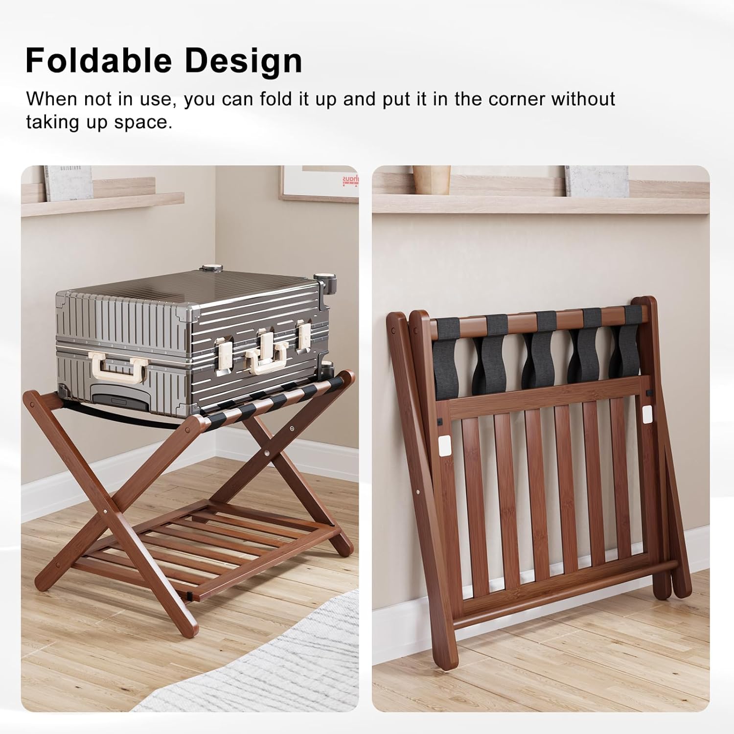 Detalle 2 de Smuxee Fully Assembled Walnut Luggage Rack with Shelf and 5 Nylon Straps (Foldable)