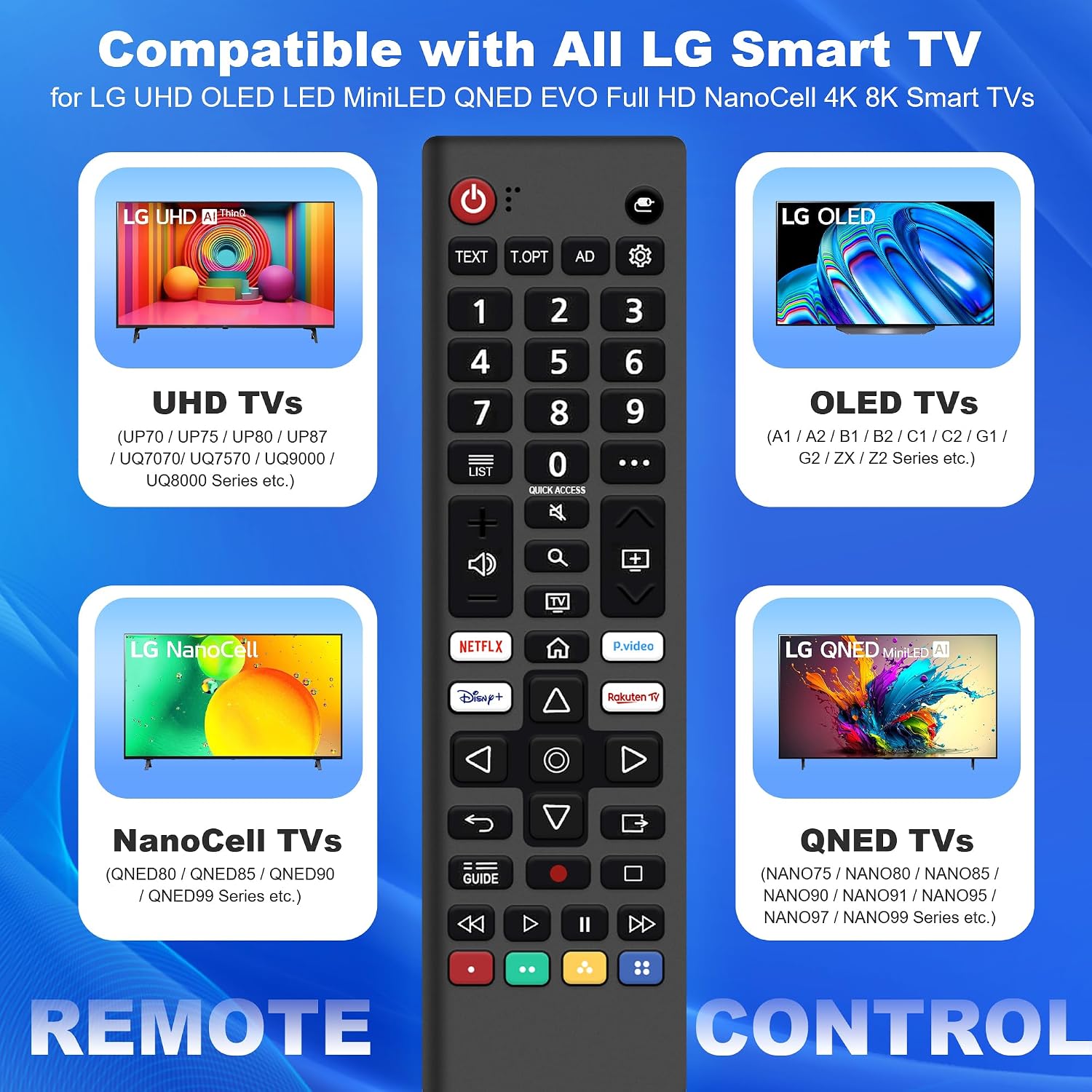 Thumbnail 1 de Universal Remote Control for LG Smart TV (AKB76037605) – Replacement with Netflix, Prime Video, Disney+ & Rakuten Shortcuts
