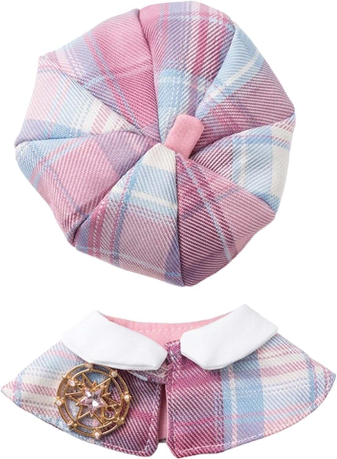 Detalle de G.triger 10cmぬい用チェック柄ベレー帽&星ブローチ付きポンチョセット ピンク