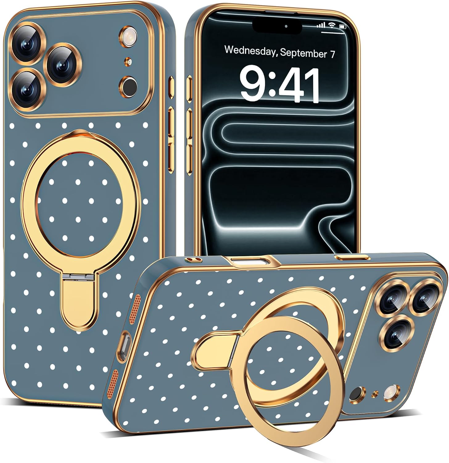 Detalle de ETPESOK Polka Dot iPhone 17 Pro Max Case, Magnetic Ring Stand, Blue-White