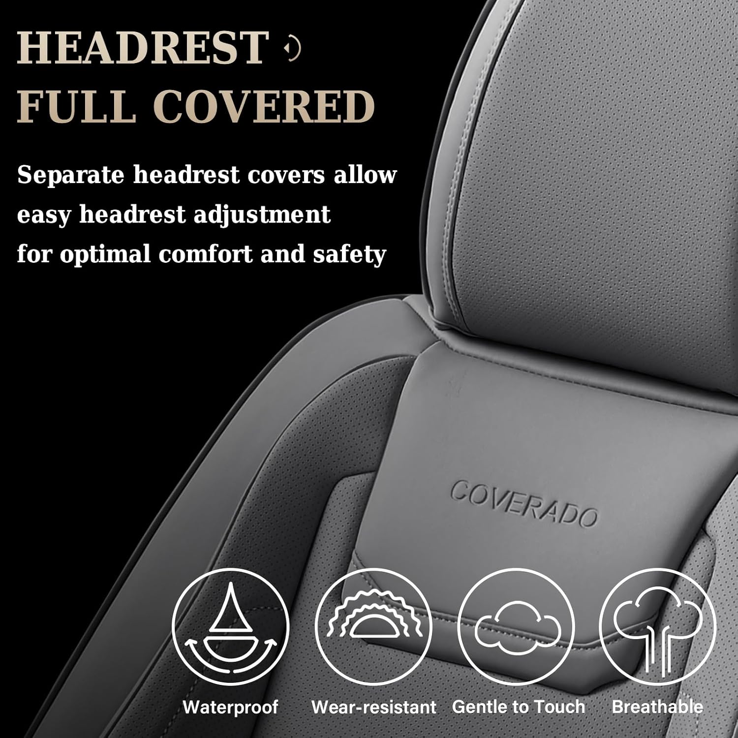 Detalle 2 de Coverado Car Seat Covers Full Set (Universal) – Waterproof NAPPA Leather Seat Protectors, Gray