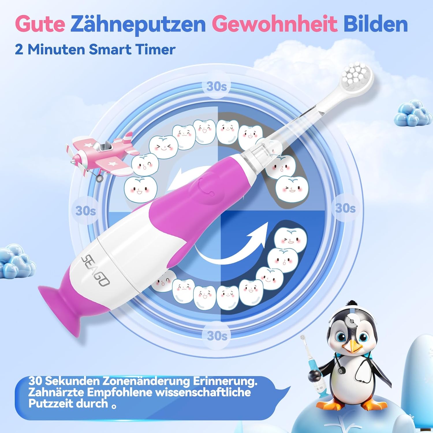 Thumbnail 4 de Seago Elektrische Zahnbürste Kinder 0–3 Jahre mit LED-Licht, IPX7, BPA-frei, SG513 (Lila Rosa)