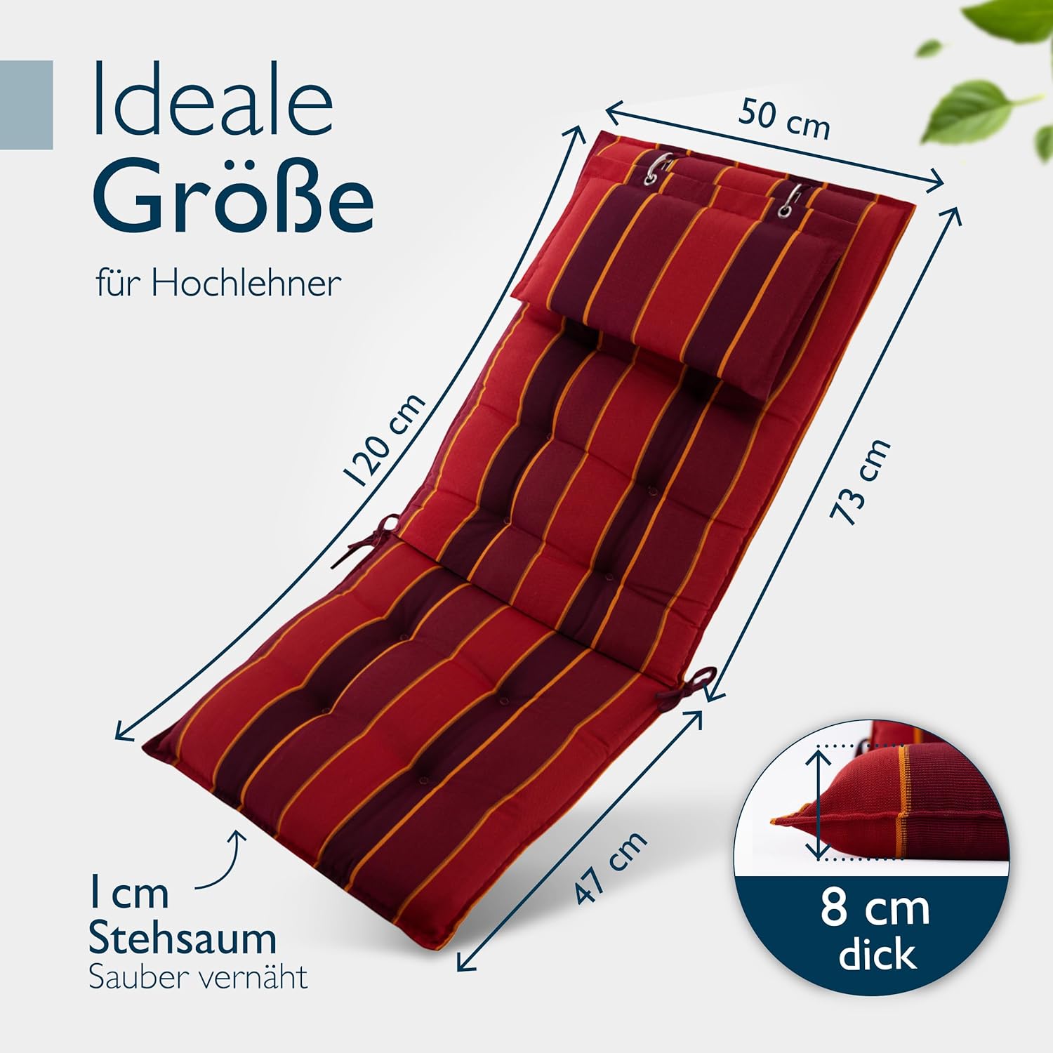 Detalle de Beautissu 5er Set Premium Hochlehner Auflage Kopfpolster 120x50 cm Sun-HL – 8 cm Polster, rutschfest, UV-beständig