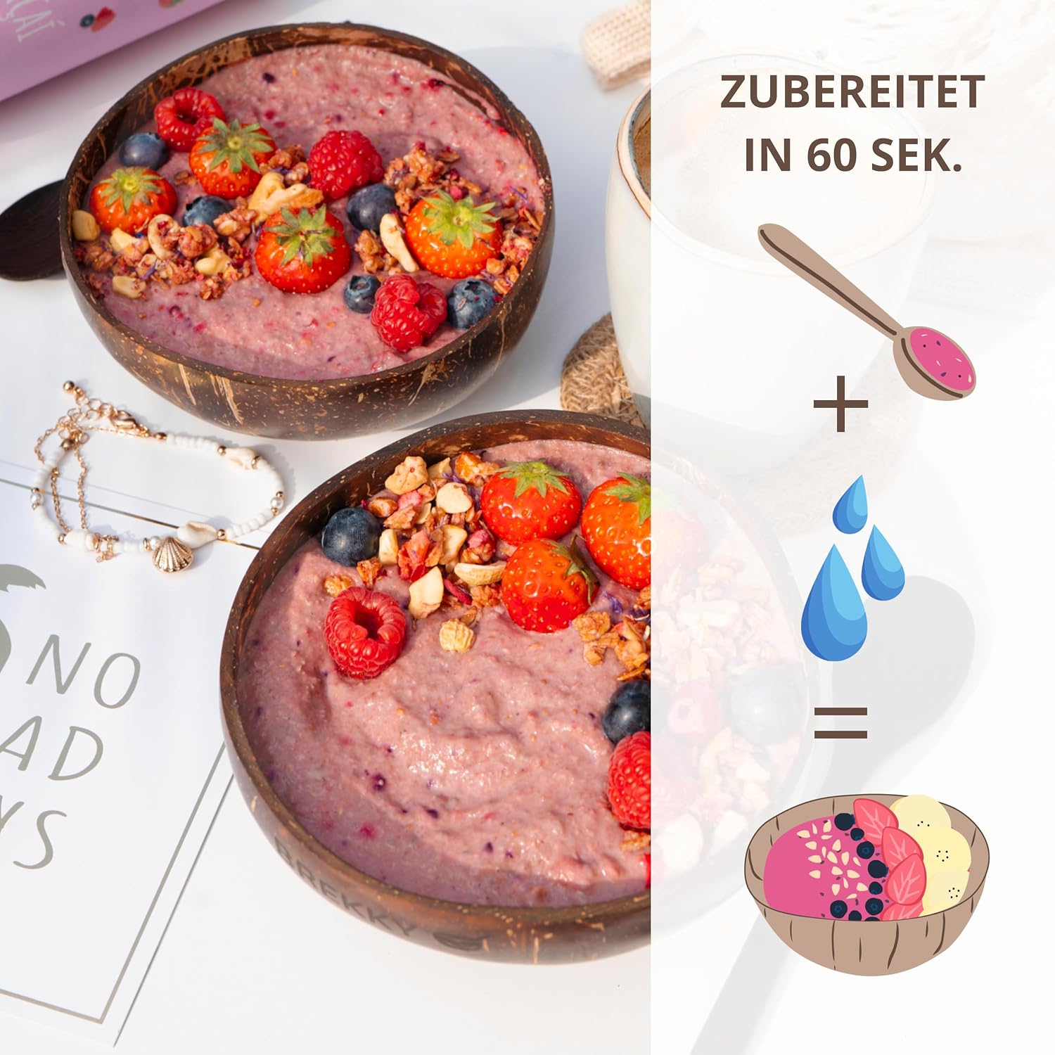 Detalle 2 de BREKKY Himbeere Acai Smoothie Bowl (vegan, 100% natürlich, ohne Zuckerzusatz) – Früchtepulver für die Bowl