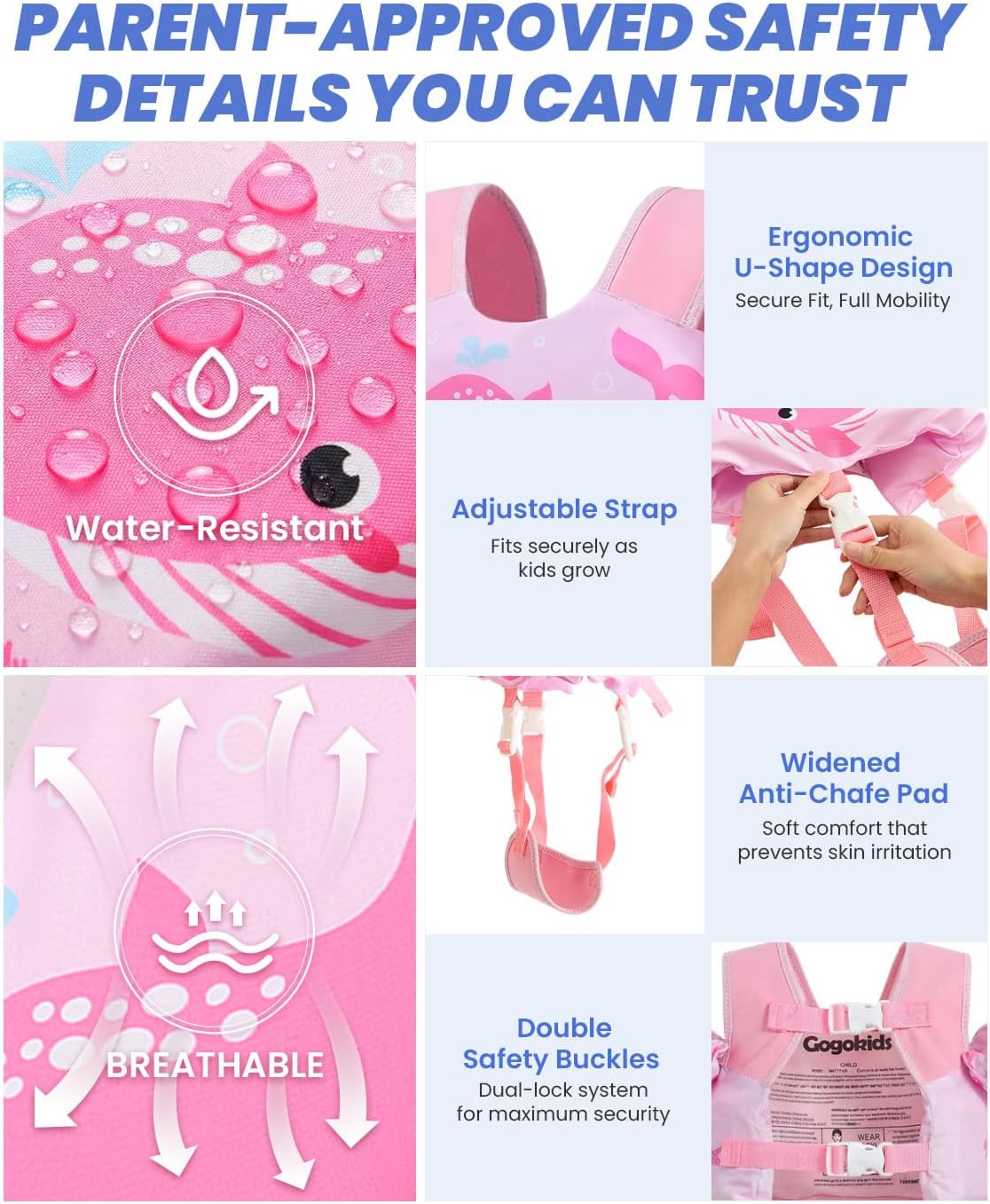 Detalle de Gogokids 2-in-1 Toddler Swim Vest Pool Floaties (ASTM F963-17 & CPSIA, 24–66 lbs) with Detachable Crotch Strap