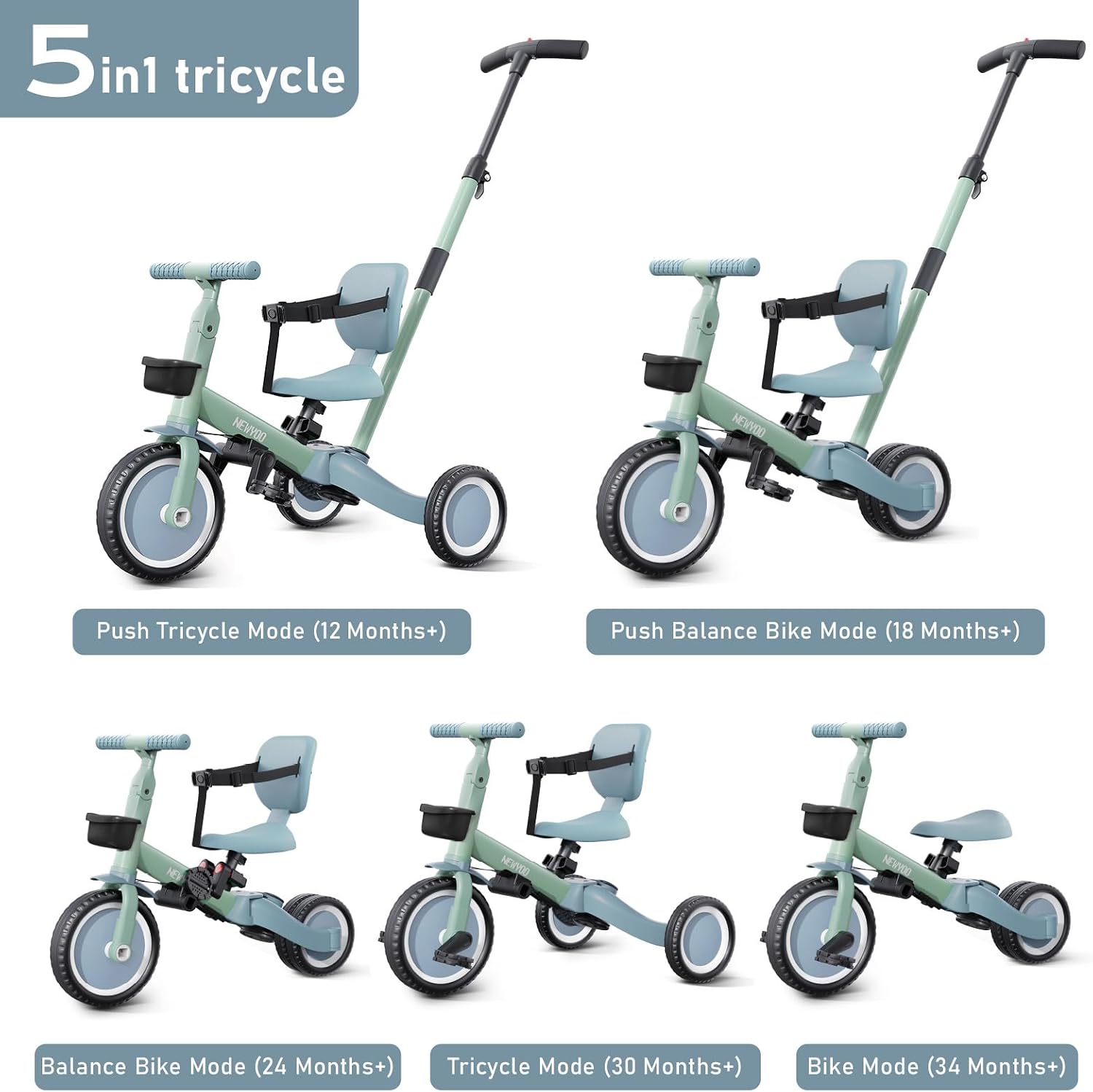 Thumbnail 1 de newyoo Trike with Parent Handle (TR007) – 5-in-1 Toddler Tricycle for 1–3 Year Olds